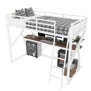 OKWISH VYSOKÁ posteľ 90/200 cm biela z kovu a MDF s LED osvetlením, zábranou, rebríkom a písacím stolom vyobraziť