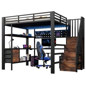 OKWISH VYSOKÁ posteľ 140/200 cm čierna z MDF a kovu s pracovným stolom LED osvetlením a úložným priestorom vyobraziť