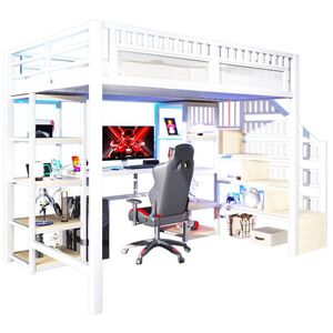 OKWISH VYSOKÁ posteľ 140/200 cm biela z kovu a MDF s písacím stolom LED osvetlením a USB vyobraziť