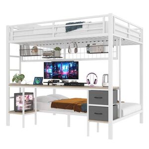 OKWISH VYSOKÁ posteľ 140/200 cm biela z kovu a MDF s písacím stolom úložným priestorom LED osvetlením a USB vyobraziť