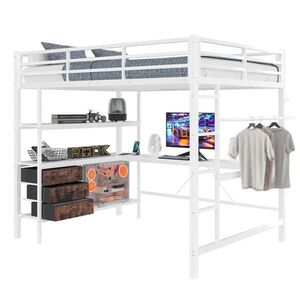 OKWISH VYSOKÁ posteľ 140/200 cm biela z kovu a MDF s LED osvetlením písacím stolom a 3 zásuvkami vyobraziť