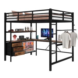 OKWISH VYSOKÁ posteľ 140/200 cm čierna z kovu a MDF s LED osvetlením písacím stolom zásuvkami a USB vyobraziť
