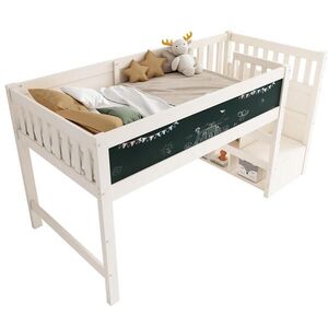 OKWISH VYSOKÁ posteľ 90/200 cm biela z masívneho dreva a MDF s tabuľou a úložnými schodmi vyobraziť