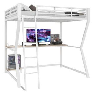 OKWISH VYSOKÁ posteľ 140/200 cm biela z kovu a MDF s LED osvetlením stolom a USB zásuvkou vyobraziť