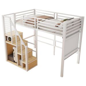 OKWISH VYSOKÁ posteľ 90/200 cm biela z MDF a kovu s úložným priestorom a schodmi vyobraziť
