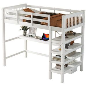 OKWISH VYSOKÁ posteľ 90/200 cm biela z borovice a MDF s písacím stolom a policami vyobraziť
