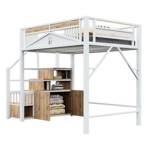 OKWISH VYSOKÁ posteľ 140/200 cm biela s úložnými schodíkmi a skrinkou z kovu a dreva vyobraziť