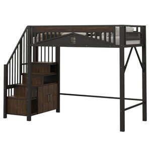 OKWISH VYSOKÁ posteľ 90/200 cm čierna z kovu a dreva s úložnými schodíkmi a bezpečnostnou zábranou vyobraziť