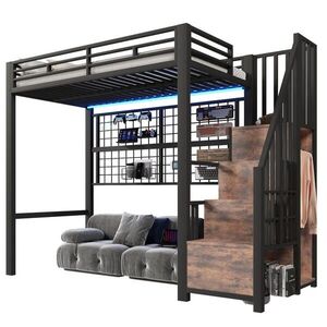 OKWISH VYSOKÁ posteľ 90/200 cm čierna z kovu a MDF s úložným rebríkom, šatníkom a LED osvetlením vyobraziť