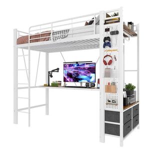 OKWISH VYSOKÁ posteľ 90/200 cm biela z kovu s písacím stolom LED osvetlením a 4 zásuvkami vyobraziť