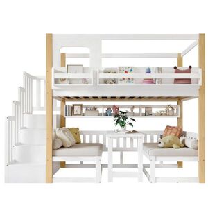 OKWISH POSCHODOVÁ posteľ 90/200 cm biela/prírodná s výklopným stolom a úložnými schodmi z masívu a MDF vyobraziť