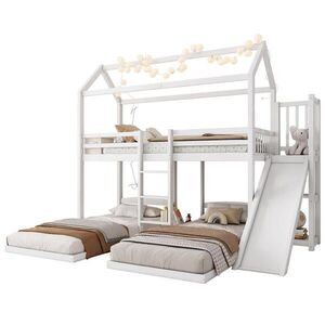 OKWISH POSCHODOVÁ posteľ 90/200 cm biela s tromi lôžkami, šmykľavkou a úložným priestorom z borovice a MDF vyobraziť