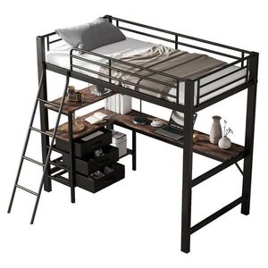 OKWISH VÝŠKOVÁ posteľ 90/200 cm čierna a tmavý orech s písacím stolom a 3 zásuvkami z kovu a drevotriesky vyobraziť