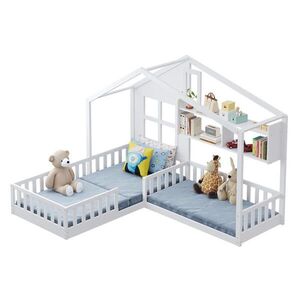 OKWISH DOMČEKOVÁ posteľ 90/200 cm biela s LED osvetlením, policami a bezpečnostnou zábranou z masívneho dreva a MDF vyobraziť