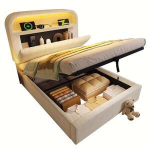 OKWISH ČALÚNENÁ posteľ 90/200 cm béžová s LED, USB a úložným priestorom zo zamatu vyobraziť