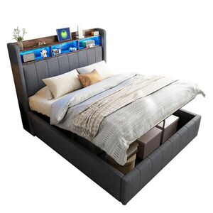OKWISH ČALÚNENÁ posteľ 140/200 cm sivá s LED osvetlením a úložným priestorom z ľanovej tkaniny vyobraziť