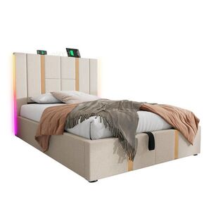 OKWISH ČALÚNENÁ posteľ 90/200 cm béžová s LED, USB a úložným priestorom z ľanovej tkaniny vyobraziť