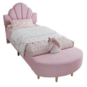 OKWISH ČALÚNENÁ posteľ 90/200 cm ružová zo zamatu s lavicou a mäkkým čelom vyobraziť
