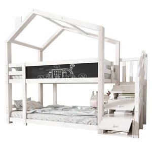 OKWISH POSCHODOVÁ posteľ 90/200 cm biela s tabuľou a úložnými schodmi z masívneho dreva a MDF vyobraziť