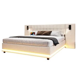 OKWISH ČALÚNENÁ posteľ 180/200 cm béžová s LED osvetlením USB a spotom z ľanu vyobraziť