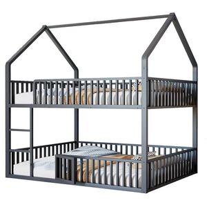 OKWISH POSCHODOVÁ posteľ 140/200 cm čierna z kovu v tvare domčeka s rebríkom a otváracími dvierkami vyobraziť