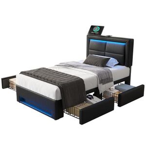 OKWISH ČALÚNENÁ posteľ 90/190 cm čierna z PU s LED osvetlením USB nabíjaním a 4 zásuvkami vyobraziť