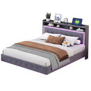 OKWISH ČALÚNENÁ posteľ 140/200 cm sivá s USB zásuvkou a LED osvetlením z ľanovej tkaniny vyobraziť