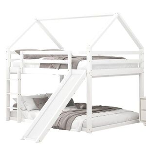 OKWISH POSCHODOVÁ posteľ 140/200 cm biela s domčekovým dizajnom šmykľavkou a rebríkom z borovice a MDF vyobraziť