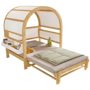 OKWISH DOMČEKOVÁ posteľ 140/200 cm biela/prírodná s výsuvným lôžkom a bočnou odkladacou plochou z masívu a MDF vyobraziť
