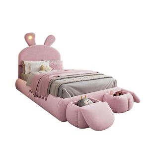 OKWISH ČALÚNENÁ posteľ 90/200 cm ružová zo zamatu s LED osvetlením, zajačími ušami a 2 úložnými taburetkami vyobraziť