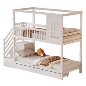 OKWISH POSCHODOVÁ posteľ 90/200 cm biela z masívneho dreva s domčekovým dizajnom oknami zásuvkami a bezpečnostným rebríkom vyobraziť