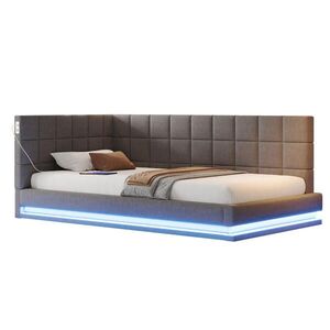 OKWISH ČALÚNENÁ posteľ 90/200 cm sivá s LED osvetlením a USB zásuvkou z ľanovej tkaniny vyobraziť