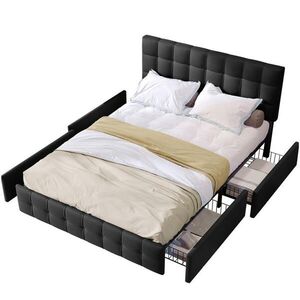OKWISH ČALÚNENÁ posteľ 140/200 cm čierna s 4 zásuvkami a nastaviteľným čelom z ľanovej tkaniny vyobraziť