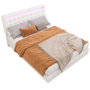OKWISH ČALÚNENÁ posteľ 140/200 cm biela s LED osvetlením a nastaviteľným čelom z PU a MDF vyobraziť