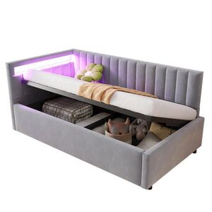 OKWISH ČALÚNENÁ posteľ 90/200 cm svetlosivá zo zamatu s LED osvetlením a hydraulickým úložným priestorom vyobraziť