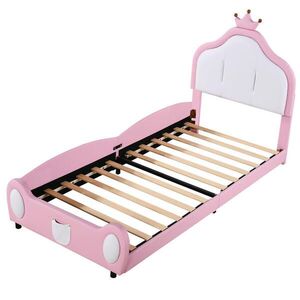 OKWISH ČALÚNENÁ posteľ 90/200 cm biela/ružová s korunkovým čelom a detským dizajnom z umelej kože vyobraziť