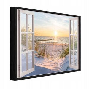 Wallarena ZARÁMOVANÉ obrazy okno pláž béžová 120x80 cm vyobraziť