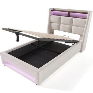 Redom ČALÚNENÁ posteľ 90/200 cm s LED osvetlením, USB portmi, úložným priestorom a matracom, Béžová vyobraziť
