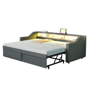 Redom ČALÚNENÁ posteľ 90/180 x 200 cm s výsuvným lôžkom, LED osvetlením, USB portom a úložnými priehradkami, Tmavosivá vyobraziť