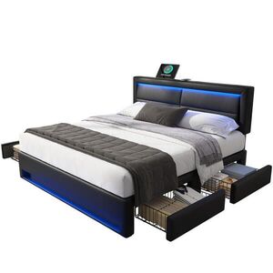 Redom ČALÚNENÁ posteľ 140/200 cm s LED osvetlením, USB nabíjaním a 4 zásuvkami, PU, Čierna vyobraziť