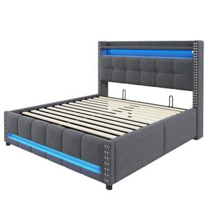 Redom ČALÚNENÁ posteľ 140/200 cm s LED osvetlením, USB portom, policami v čele a hydraulickým úložným priestorom, Sivá vyobraziť