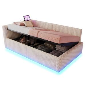 Redom ČALÚNENÁ posteľ 90/200 cm s LED osvetlením, USB a USB-C nabíjaním, hydraulickým úložným priestorom a L-operadlom, Béžová vyobraziť