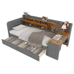 Modfu DENNÁ posteľ z ľanu a MDF 90x200 cm sivá s úložným priestorom, 2 zásuvkami, písacím stolom, USB a Typ C vyobraziť