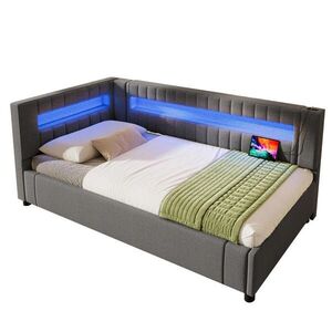 Modfu ČALÚNENÁ posteľ z ľanu a MDF 90x200 cm sivá s LED osvetlením, USB, Type-C a hydraulickým úložným priestorom vyobraziť