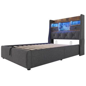 Modfu ČALÚNENÁ posteľ z ľanovej tkaniny 90x200 cm sivá s LED osvetlením, USB a Type-C nabíjaním, hydraulickým úložným priestorom a matracom vyobraziť