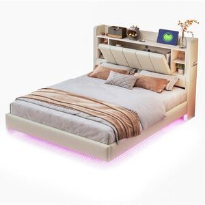 Modfu ČALÚNENÁ posteľ 140x200 cm z MDF, preglejky a ľanovej látky béžová s LED osvetlením, USB portom a úložným priestorom vyobraziť