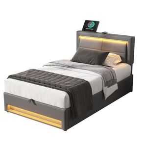 Modfu ČALÚNENÁ posteľ z PU 90x200 cm sivá s USB nabíjaním, LED osvetlením a úložným priestorom vyobraziť