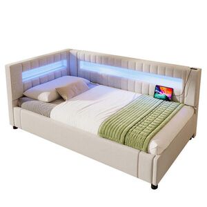 Modfu DENNÁ posteľ z ľanu a MDF 90x200 cm béžová s LED osvetlením, USB + TYPE-C a hydraulickým úložným priestorom vyobraziť