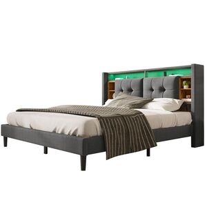 Modfu ČALÚNENÁ posteľ z masívneho dreva 140x200 cm sivá s USB, zásuvkami, LED osvetlením a úložným čelom vyobraziť