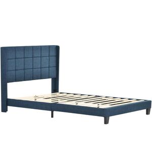 Modfu ČALÚNENÁ posteľ z ľanu 140x200 cm modrá s lamelovým roštom a matracom, vysokým čelom a stabilnou konštrukciou vyobraziť